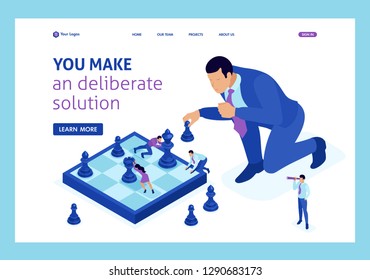 Isometric big business makes an informed decision, chess game, growth strategy. Website Template Landing page