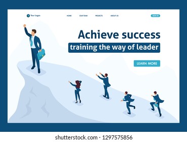 Isometric Big businessman at the top symbolizes leadership and success, people follow him. Website Template Landing page