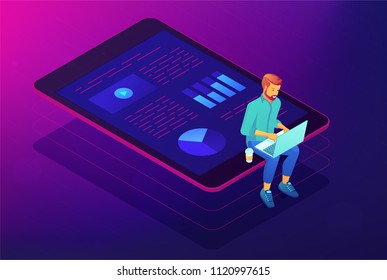 Isometric big data analysis concept. A business analyst with laptop and visual data analysis statistics pie charts and graphics on the tablets screen in violet color. Vector ultraviolet background.