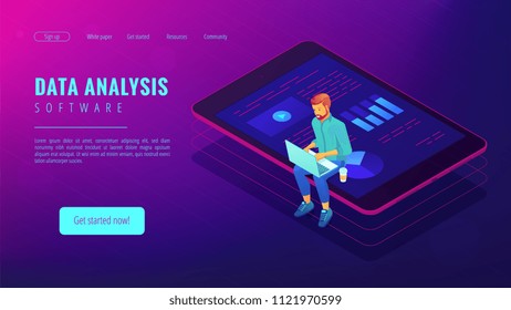 Isometric big data analysis concept. A business analyst with laptop and visual data analysis statistics pie charts and graphics on the tablets screen in violet color. Vector ultraviolet background.