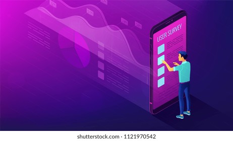 Isometric big data analysis, feedback and research concept. A man in front of mobile screen with visual data analysis statistics pie charts and graphics in violet color. Vector ultraviolet background. Isometric big data analysis, feedback and research concept. A man in front of mobile screen with visual data analysis statistics pie charts and graphics in violet color. Vector ultraviolet background.