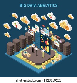 Isometric big data analytics composition with team on brainstorming and data clouds in the air vector illustration