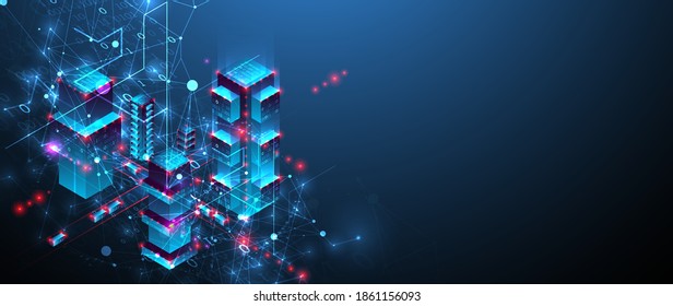 Isometric big data concept, database. Abstract technology background. Vector illustration