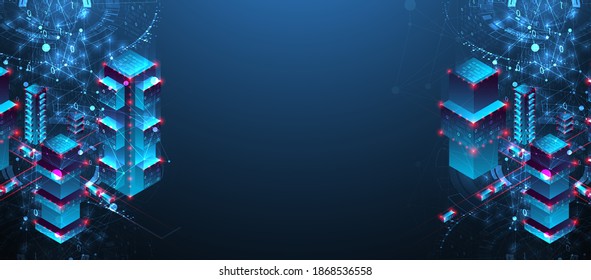 Isometric big data concept, database. Abstract technology background. Vector illustration