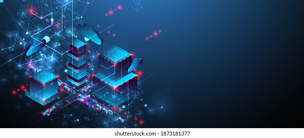 Isometric big data concept, database. Abstract technology background. Vector illustration