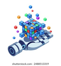 Isometric Big Data Cubes on Robotic Hand. Big Data Analytics Concept.