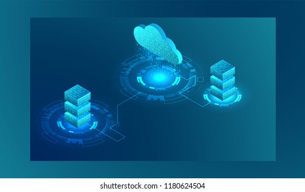 Isometric big data flow processing concept, cloud database. Abstract technology background. Vector illustration