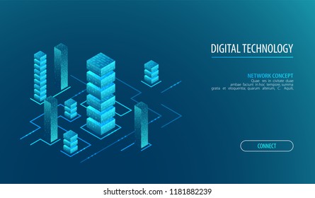 Isometric big data flow processing concept, cloud database. Abstract technology background. Vector illustration