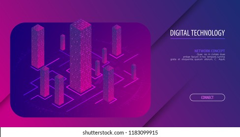 Isometric big data flow processing concept, cloud database. Abstract technology background. Vector illustration