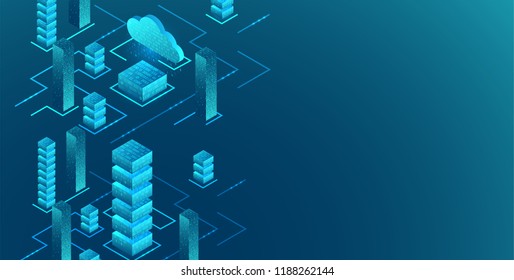 Isometric big data flow processing concept, cloud database. Abstract technology background. Vector illustration