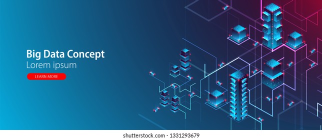 Isometric big data flow processing concept, cloud database. Abstract technology background. Vector illustration