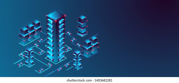Isometric big data flow processing concept, cloud database. Abstract technology background. Vector illustration