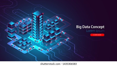 Isometric big data flow processing concept, database. Abstract technology background. Vector illustration