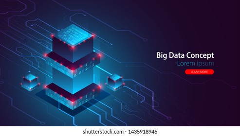 Isometric big data flow processing concept, database. Abstract technology background. Vector illustration