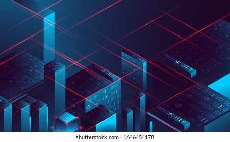 Isometric big data flow processing concept, database. Abstract technology background. Vector illustration