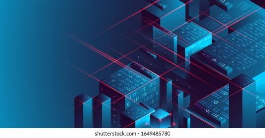 Isometric big data flow processing concept, database. Abstract technology background. Vector illustration