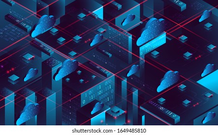 Isometric big data flow processing concept, database. Abstract technology background. Vector illustration