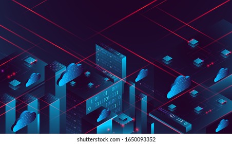 Concepto isométrico de procesamiento de gran flujo de datos, base de datos.Antecedentes tecnológicos abstractos. Ilustración del vector