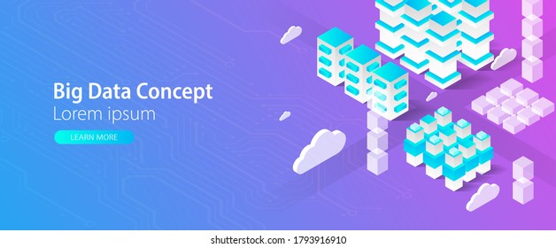 Isometric big data flow processing concept, cloud database. Abstract technology background.