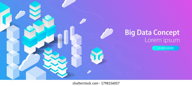 Isometric big data flow processing concept, cloud database. Abstract technology background.