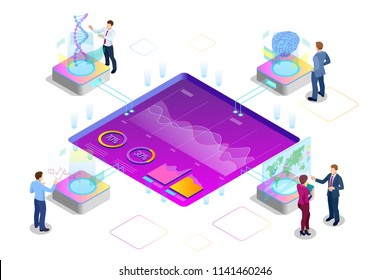 Isometric Big Data Network visualization, advanced analytics, interacting Data analysis, research, audit, demographics, Artificial Intelligence, planning, statistics, digital DNA structure, management