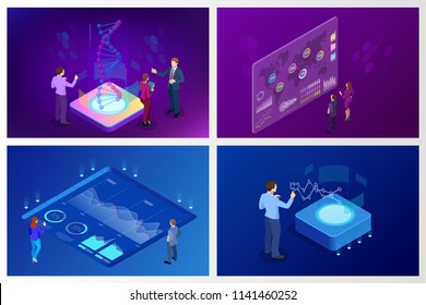 Isometric Big Data Network visualization, advanced analytics, interacting Data analysis, research, audit, demographics, Artificial Intelligence, planning, statistics, digital DNA structure, management