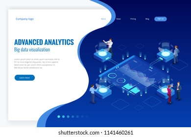 Isometric Big Data Network visualization, advanced analytics, interacting Data analysis, research, audit, demographics, Artificial Intelligence, planning, statistics, digital DNA structure, management