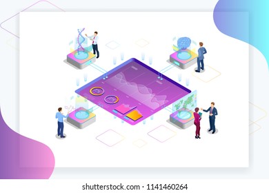 Isometric Big Data Network visualization, advanced analytics, interacting Data analysis, research, audit, demographics, Artificial Intelligence, planning, statistics, digital DNA structure, management