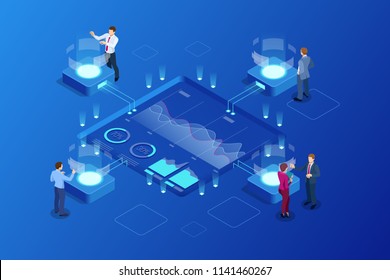 Visualização isométrica de Big Data Network, análise avançada, interagindo Análise de dados, pesquisa, auditoria, demografia, Inteligência Artificial, planejamento, estatística, estrutura de DNA digital, gerenciamento