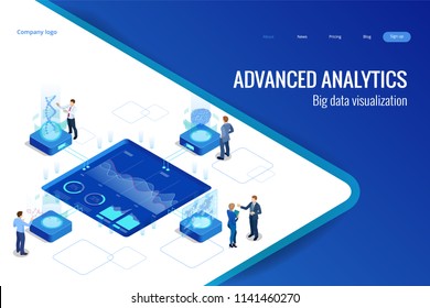 Isometric Big Data Network visualization, advanced analytics, interacting Data analysis, research, audit, demographics, Artificial Intelligence, planning, statistics, digital DNA structure, management