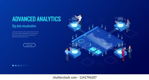 Isometric Big Data Network visualization, advanced analytics, interacting Data analysis, research, audit, demographics, Artificial Intelligence, planning, statistics, digital DNA structure, management