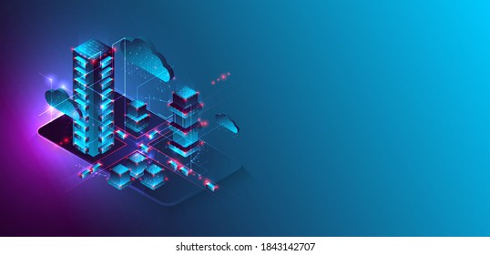 Isometric big data processing concept, cloud database. Abstract technology background. Vector illustration