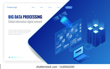 Isometric Big data processing, Global information digital network concept, datacenter, data base, digital information technology. Website banner templates.