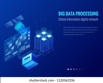 Isometric Big data processing, Global information digital network concept, datacenter, data base, digital information technology. Website banner templates.