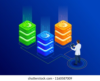 Isometric Big Data server room with bright equipment and businessman working on digital tablet. Hosting server or data center room vector illustration