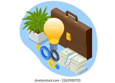 Isometric big light bulb as metaphor idea, business idea, bundle of money, investment