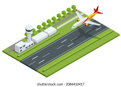 Isometric big passenger airplane is landing to runway of airport. An airliner, aircraft for transporting passengers and air cargo.