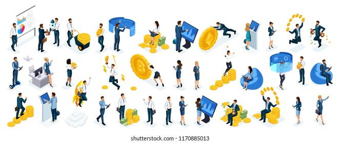 Isometric big set businessmen and business ladies use virtual screens to buy online crypto currency, modern technology, young entrepreneurs.