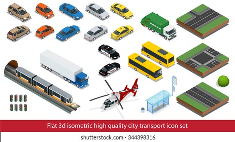 Isometric big set cars. Car icons taxi, sedan, mini bus, police car, subway, truck, helicopter, bus stop, road elements, traffic, SUV. Urban transport. For infographics and design games.