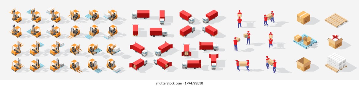 Isometric big set for delivering. Delivery service workers. Fast delivery van. Forklift truck with wooden pallet and boxes with shadow, carton shopping bags
