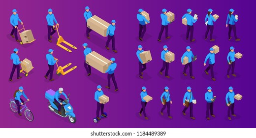 Isometric big set of delivery man and woman in uniform holding boxes and documents in different poses. Collection delivery service workers