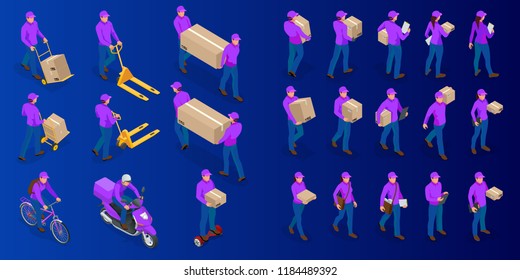 Isometric big set of delivery man and woman in uniform holding boxes and documents in different poses. Collection delivery service workers