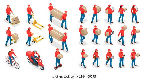 Isometric big set of delivery man and woman in uniform holding boxes and documents in different poses. Collection delivery service workers isolated on white background.