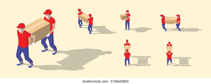 Isometric big set of delivery man in uniform holding boxes in different poses and protection masks. Vector collection delivery service workers. Fast delivery van. Detailed illustrations of people