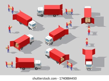Isometric big set of delivery man in uniform holding boxes in different poses and protection masks. Vector collection delivery service workers. Fast delivery van. Isometric Logistics icons
