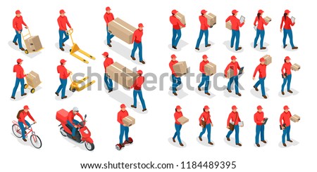 Isometric big set of delivery man and woman in uniform holding boxes and documents in different poses. Collection delivery service workers isolated on white background.