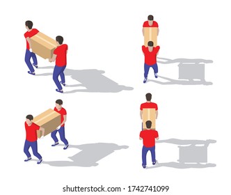 Isometric big set of delivery men in uniform holding boxes in different poses. Vector collection of delivery service workers. Detailed Fast delivery illustrations of people