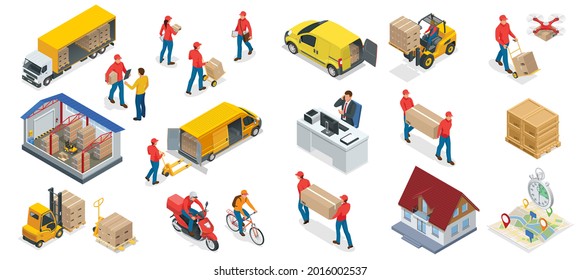 Isometric Big Set Iconf Of Logistics And Delivery Elements. Delivery Home And Office. City Logistics. Warehouse, Truck, Forklift, Courier, Drone And Delivery Man.