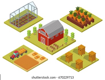 Isometric Big set infographics vector farm elements and ecology cartoon gardening background