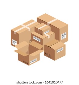 Isometric big stack of opened and closed cardboard boxes isolated on whte background. 3D warehouse packaging, storage, relocation and transportation concept. Vector illustration